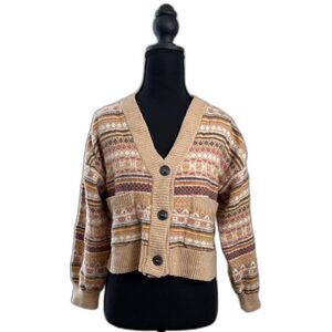 Women's Small Beige Multi Color Pink Rose Super Soft Stretchy Button Cardigan